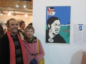 Xaview Meade and Jenny Rhodes at the opening of the exhibition with Jenny’s poster on Eva Rickard