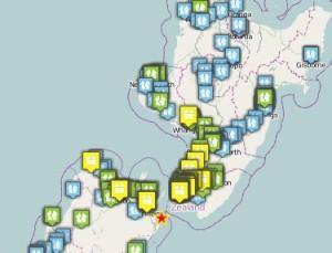 Geonet map of areas feeling the quake