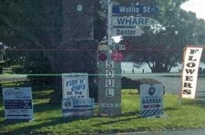 Sign collection at harbour and of Bow St - Image John Lawson