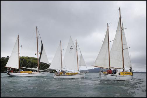 Three yachts, which are part of the the Oil Free Seas Flotilla, depart Auckland. Photo: Greenpeace/Nigel Marple www.nigelmarplephotographer.co.nz