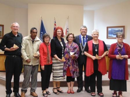 (l-r) Stuart Graham, Andrew Heta, Maggie Wilcock, Jennie Gore, Anne Ramsay, Mayor Allan Sanson, Chrissy Hodkinson, Jean Beverland. Image - Waikato District Council