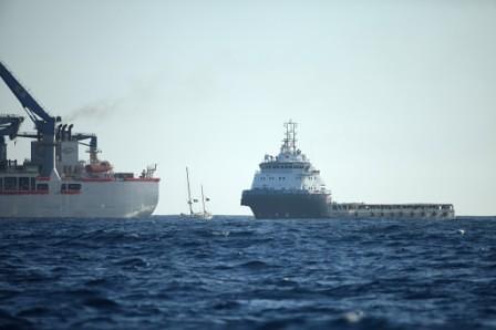 Bailey Tide moves sideways squeezing Vega towards the side of Noble Bob Douglas - Image Oil Free Seas Flotilla