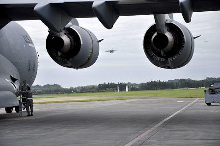 A U.S. Air Force C-17 Globemaster III aircraft prepares to land Nov. 11, 2013, during Kiwi Flag as part of Southern Katipo 2013 at Royal New Zealand Air Force Base Ohakea, New Zealand. Southern Katipo is a New Zealand-led exercise focusing on amphibious operations in conjunction with several partner nations. Date 11 November 2013 Source  http://www.defenseimagery.mil Author SMSgt Denise Johnson Permission (Reusing this file)   Public domain photograph from defenseimagery.mil.