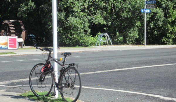 Sign post used as a bike rack while WDC's sculpture bike rack goes unused on the other side of Wainui Rd.