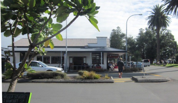 Driver stops car away from the Wainui Rd compulsory stop to allow a person to walk across the road to the Sands
