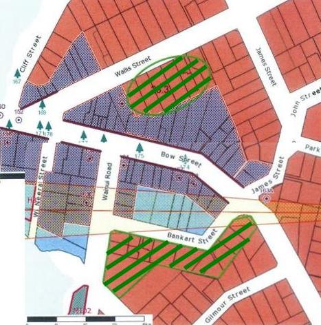 Green hatched areas are proposed to be rezoned from Living to Business. Based on WDC Drawings