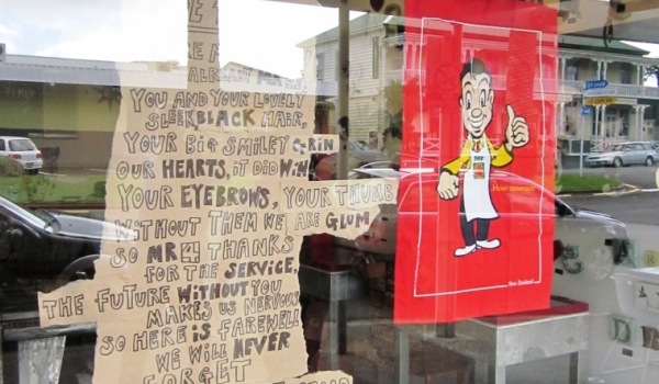 2012 poem dedicated to Mr Four Square in Jet Collective’s window with other memorabilia