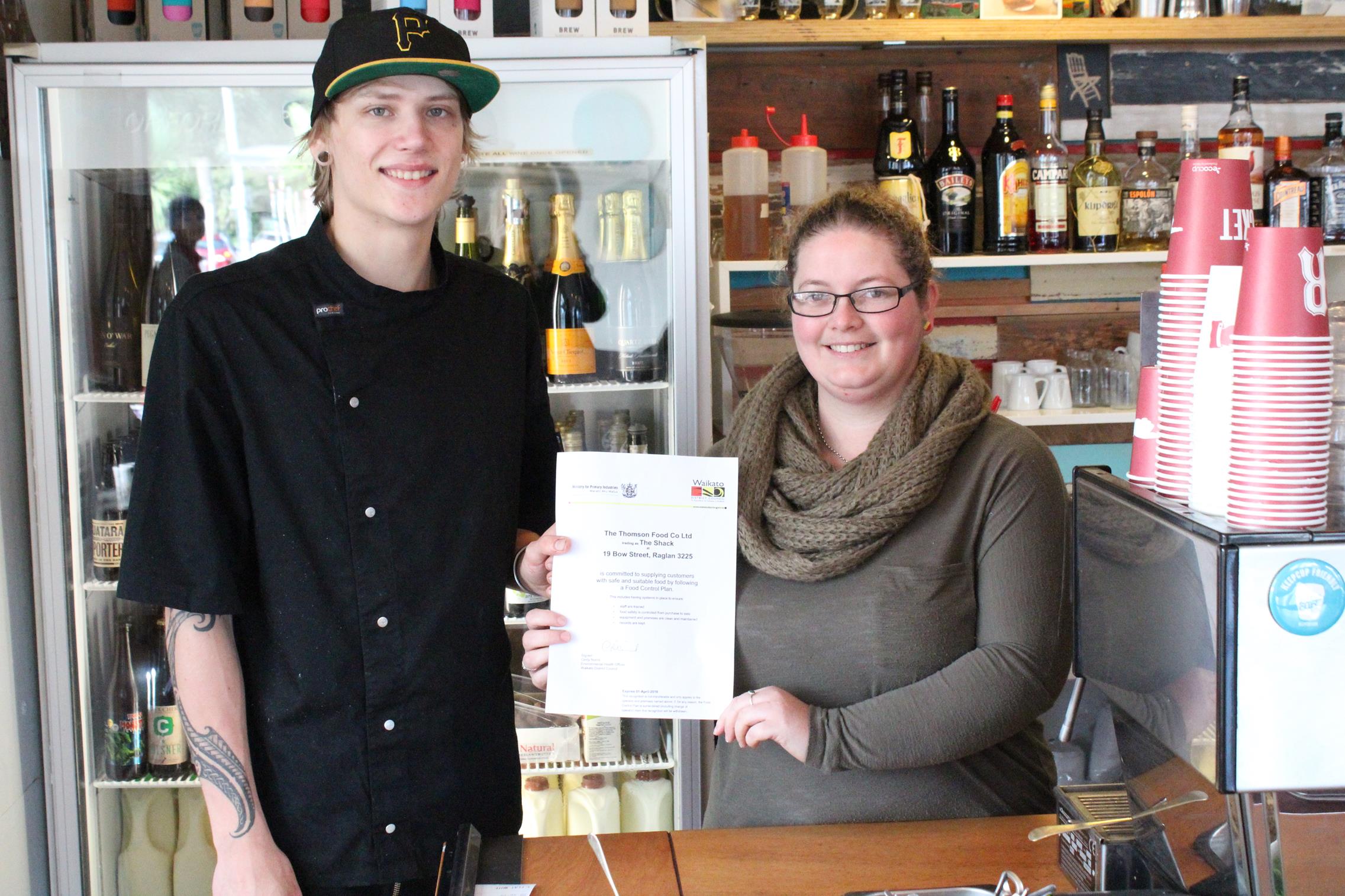 A big congratulations to Manager, Kimberley and Chef, Charlie, from The Shack for being the first food business in Raglan to operate under the new food control plans. Image supplied