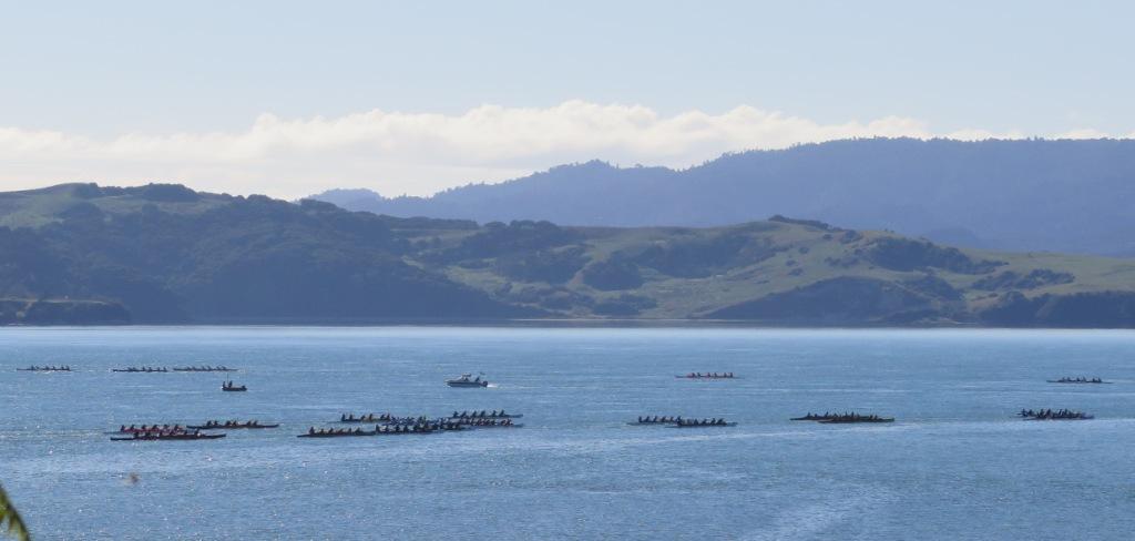 Waka ama making for buoy 2 off Lorenzen Bay then crossing harbour to buoy 3 in the 8km W6 Open, Novice and Junior race