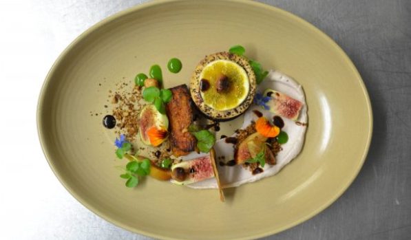 Adam Thorley-Symes – The Shack, Raglan. Beetroot and tofu tian, pressed kumara, herb puree, hazelnut, quince & figs. Image supplied