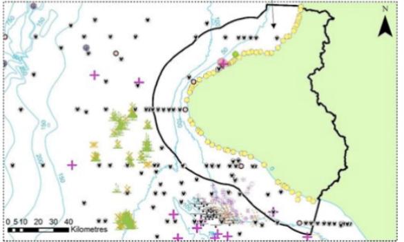 The map of marine life in the Taranaki Bight – the busy bit at the bottom is where the proposed mining site is.