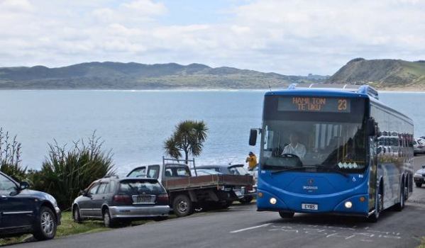 The Raglan route 23 bus goes to Manu Bay during the summer. Image John Lawson