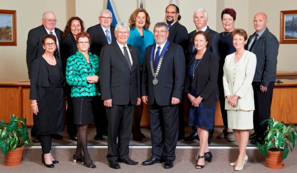 Waikato District Councillors, from back left, Frank McInally, Lisa Thomson, Rob McGuire, Jacqui Church, Aksel Bech, Noel Smith, Bronwyn Main, Eugene Patterson, Shelley Lynch, Jan Sedgwick, Dynes Fulton, Mayor Allan Sanson, Janet Gibb and Stephanie Henderson.