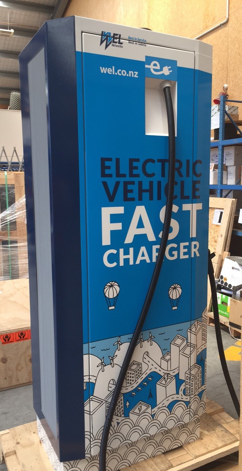 WEL Networks is partnering with Waikato District Council to install an electric vehicle fast charger like the one shown.