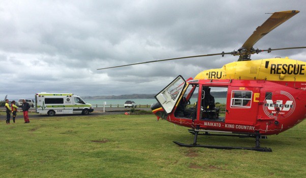 Ambulance and Waikato Westpac Rescue Helicopter at Manu Bay, Raglan - Image supplied
