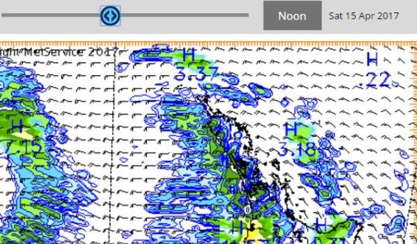 MetService are predicting showers in Raglan for around noon on Saturday 15th