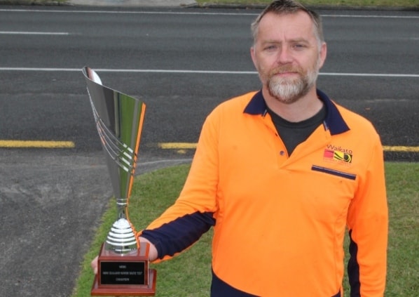 Waikato District Council Water Treatment Plant Operator David Luke shows off the WIOG New Zealand Water Taste Test trophy. Image WDC