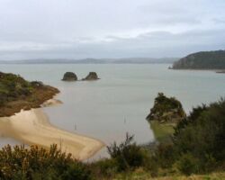 Pakoka Estuary – at the
north east corner of Aotea Harbour, where the water from the Waireinga falls flows to the sea, amid limestone rocks and small islets. 160107pakokaestuary
